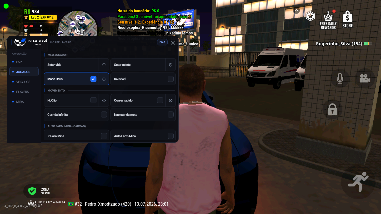 Interface do Shadow Menu no Rio Rise